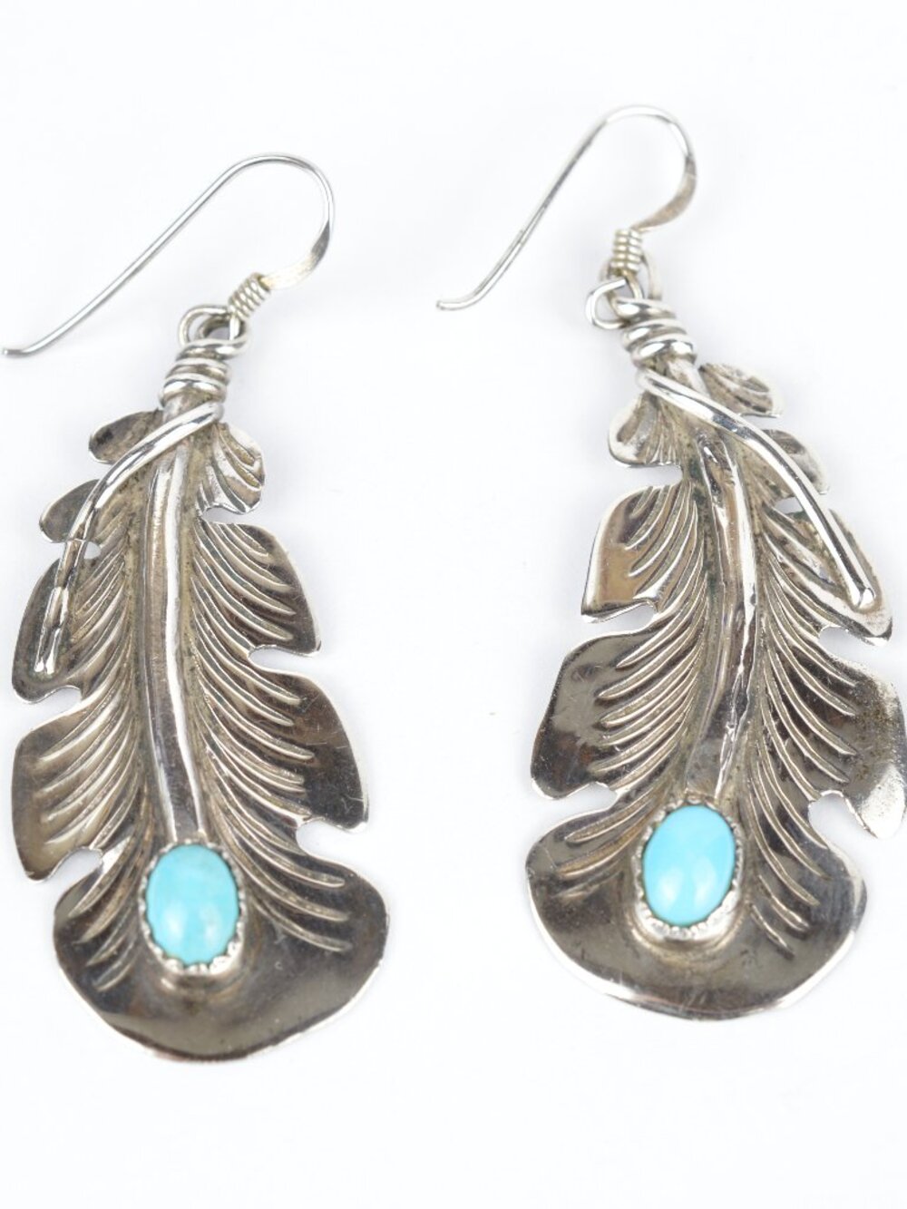 Vintage Navajo Sterling Silver Sleeping Beauty Turquoise Feather Dangle Earrings